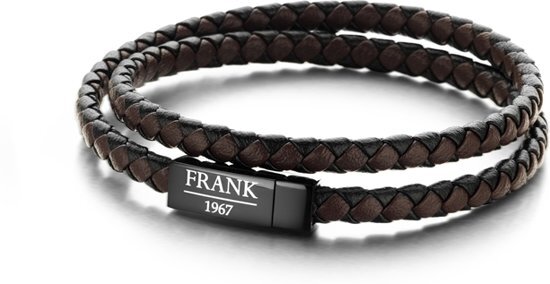 Frank 1967 7FB 0155 Heren Wikkelarmband met Staal Element - Gevlochten Leer en Dubbel Gewikkeld - Maat M - Bruin / Zwart