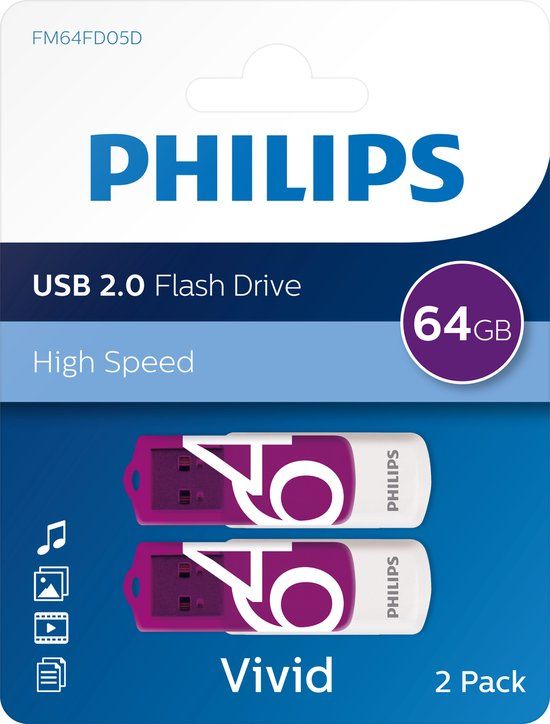 Philips FM64FD05D USB 2.0 Flash Drive - 64GB - Purple/White - 2 Pack