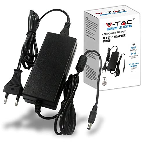 V-tac Voeding 12 V 60 W 5 A met 2,1 jack voor camera's, ledstrips, modem - transformator 12 V plug & play met stroomstekker thuis voor beeldschermen, elektronische apparaten - ingang AC 100-240 V