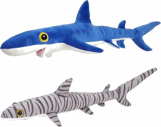 Nature Planet Set van 2x pluche haaien knuffels van 60 cm - Oceaan dieren/vissen - Blauwe haai en tijgerhaai
