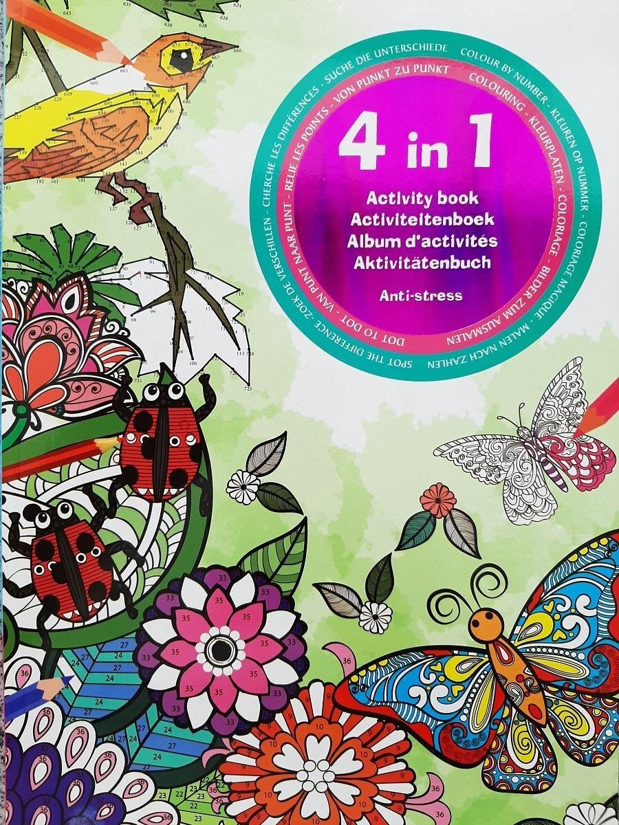 Stabilo 4 in 1 Activiteitenboek volwassenen - kleurboek - kleuren op nummer- zoek de verschillen - kleurplaten - punt naar punt - ANTI STRESS kleur boek dieren bloemen vogels