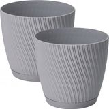 Form Plastic Plantenpot/bloempot Waves - 2x - kunststof - platina grijs - D15 x H14 cm - met opvang schotel - rond
