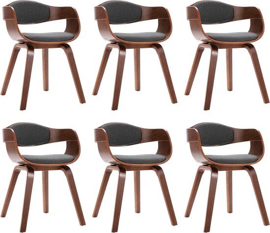 vidaXL Eetkamerstoelen - 6 stuks - Gebogen Hout en Stof - Grijs