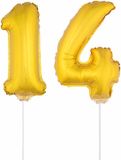 Shoppartners Bv 14 jaar leeftijd feestartikelen - versiering cijfers - ballonnen op stokje - van 41 cm - Combi van cijfer 14 - in het goud