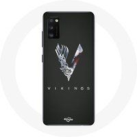 Maniacase Hoesje voor Samsung Galaxy A41 Vikings serie seizoen 6 logo V zwaard grijs zwarte achtergrond