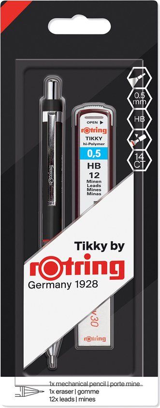 DYMO rOtring set Tikky-vulpotloden met kleurcodering | 0,5 mm | Met 12 navullingen en een gum