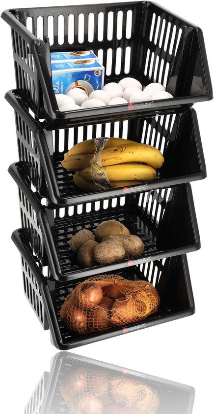 discountershop Stapelkratten Zwart – Set van 4 Stapelbare Opbergkratten – Groentemand & Fruitmand Keuken – Mandenrek voor Aardappelen, Uien en Blikjes – Opbergmanden voor Schuur, Keuken of Voorraadkast