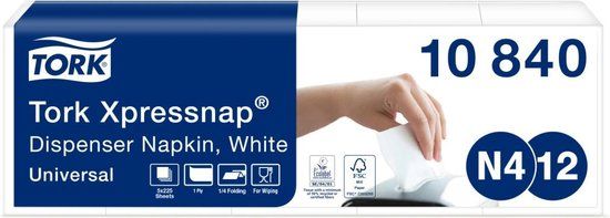Tork 10840 Xpressnap Dispenserservetten Wit N4 1/4-vouw 1-laags 8x1125st