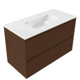 Saniclass Meuble de salle de bain - 100x45x62cm - Lavabo en céramique Vygo blanc - 1 vasque - sans trou de robinetterie - 2 tiroirs - noyer mat pur (bois) SW1420789/SW773927