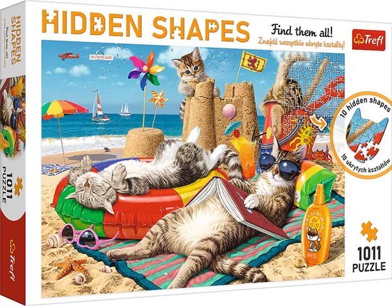 Trefl Verborgen Vormen Puzzel - Kat Vakantie 1000 + 11 stukjes, Vind de Puzzel Verborgen Vormen, Ongewone Puzzel, Zomer, Strand, Katten, Creatief Vermaak