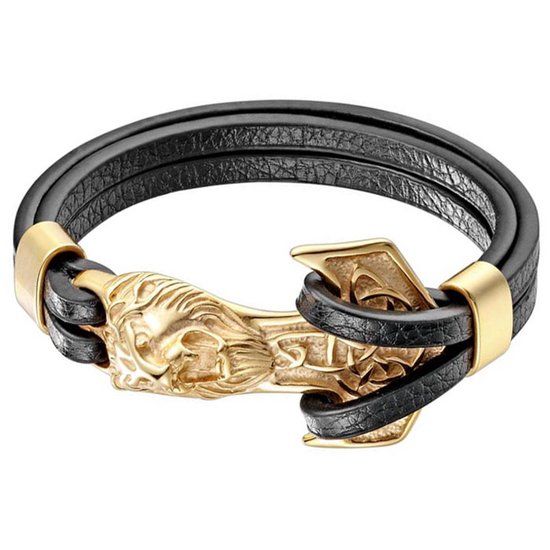Mendes Lookinggoodtoday Leren armband Mannen Mendes Anker Leeuw Edelstaal Goudkleurig Zwart