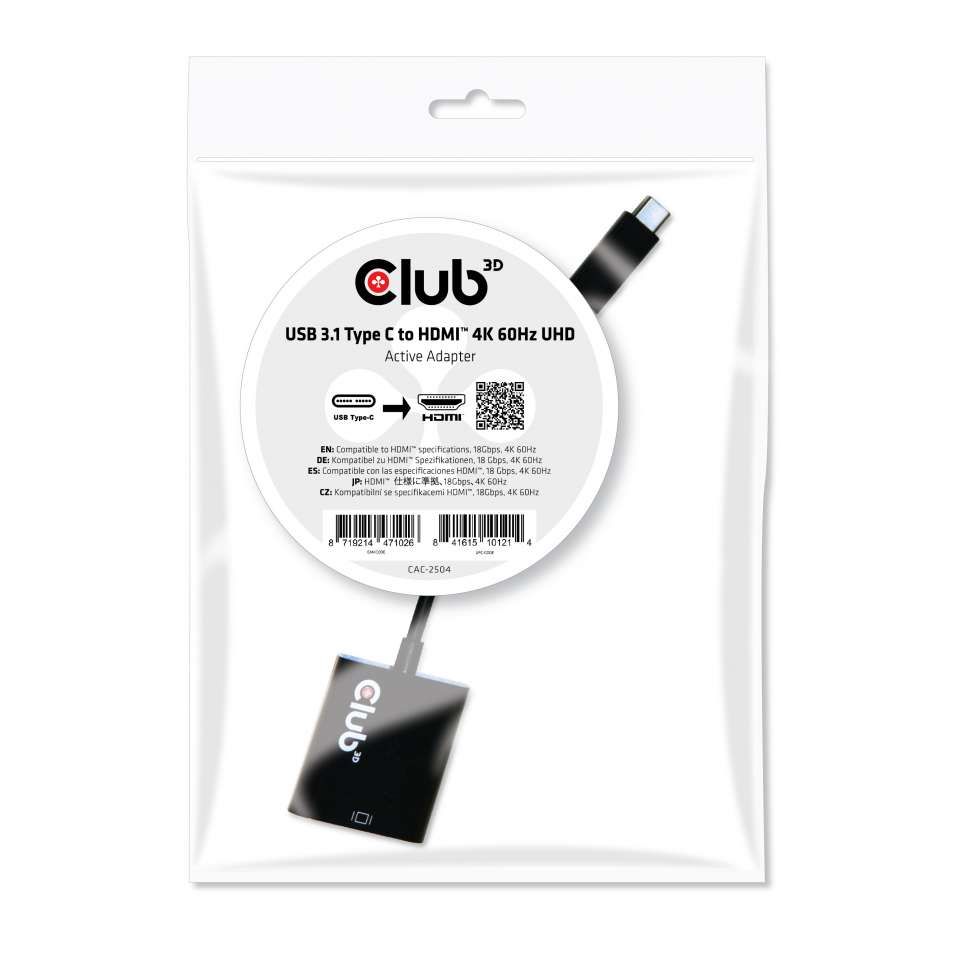 Club 3D USB 3.1 Type C to HDMI 2.0 UHD 4K 60Hz Active Adapter