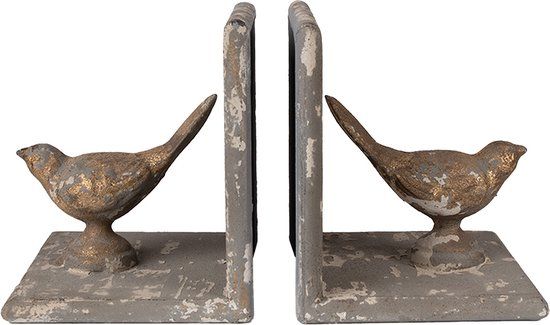 Clayre & Eef Boekensteunen Set van 2 - 26x15x16 cm - Grijs - IJzer - Vogels