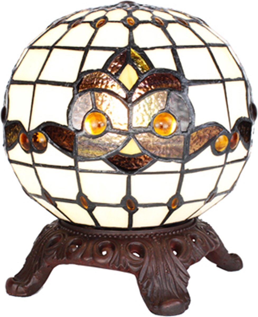 HAES deco - Tiffany Tafellamp Ø 20x25 cm Wit Zwart Glas Rond Tiffany Bureaulamp Tiffany Lampen Glas in Lood