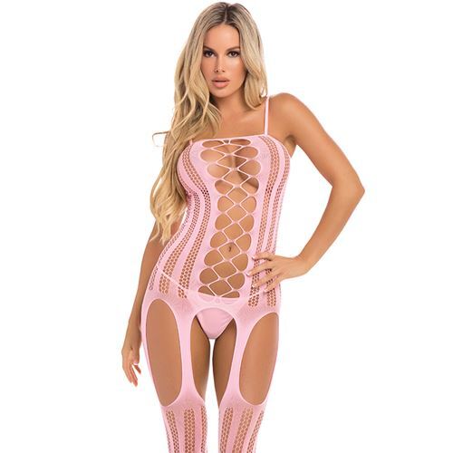 Pink Lipstick Jarretel-bodystocking OS