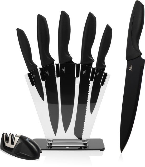 Master knives 7-delige zwarte messenset met blok en messenslijper - koolstofstaal