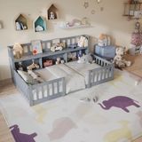 StarTech Houten kinderbed - Kinderbed op vloerniveau - Ingebouwde boekenkast - Veiligheidshekje - 90 x 200 cm - Grijs - Zonder matras