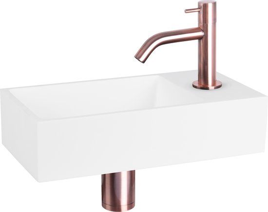 Differnz Solid Fonteinset - Wasbak Solid Surface - Wit - Gebogen Kraan - Rood Koper - 36x18.5x9 cm