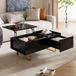 Table basse relevable - 100x50x54.5cm - Table de salon avec coffre de rangement et tiroir - Plateau relevable hydraulique MDF laqué brillant et métal - Noir et doré