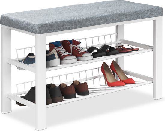 Merkloos Relaxdays schoenenbank met kussen - 50,5 x 82 x 33 cm - 2 etages - grijs-wit