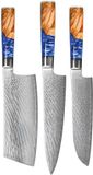 Shinrai Knives Japan Shinrai Knives Epoxy Sapphire 3-delige Damascus Messenset - Koksmes + Nakiri + Santoku