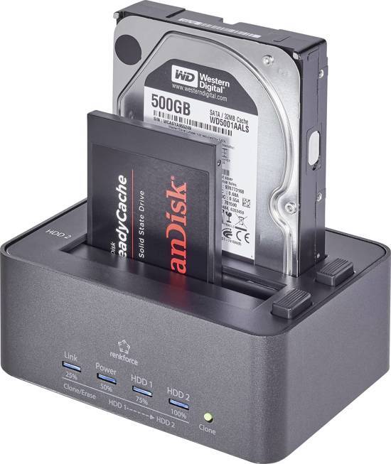 Renkforce rf-docking-08 USB 3.0 SATA Harde schijf-dockingstation 2 poorten met clone-functie met wis-functie