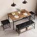 Ensemble de salle à manger pour 4 personnes - Ensemble de table industrielle - Plateau de table en bois - 2 chaises rembourrées + banc - Cadre en métal - Étagère de rangement pour petits espaces repas - Marron