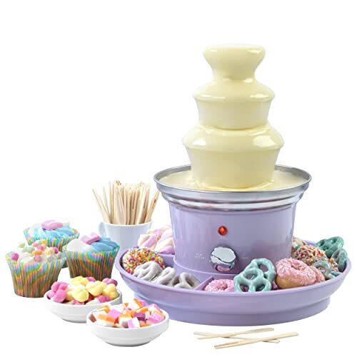 Petra PT3428PPVDEEU7 3 Tier Electric Chocolate Fountain, Smooth Cascade Design, Easy Clean Dip & Share Tabletop Machine, Includes 2 Fruit/Party Treat Trays & 100 Bamboo Skewers, 70-90W, Pastel Purple