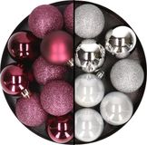 Billiet - Vanlaere 24x stuks boules de Noël en plastique mélange aubergine et argent 6 cm