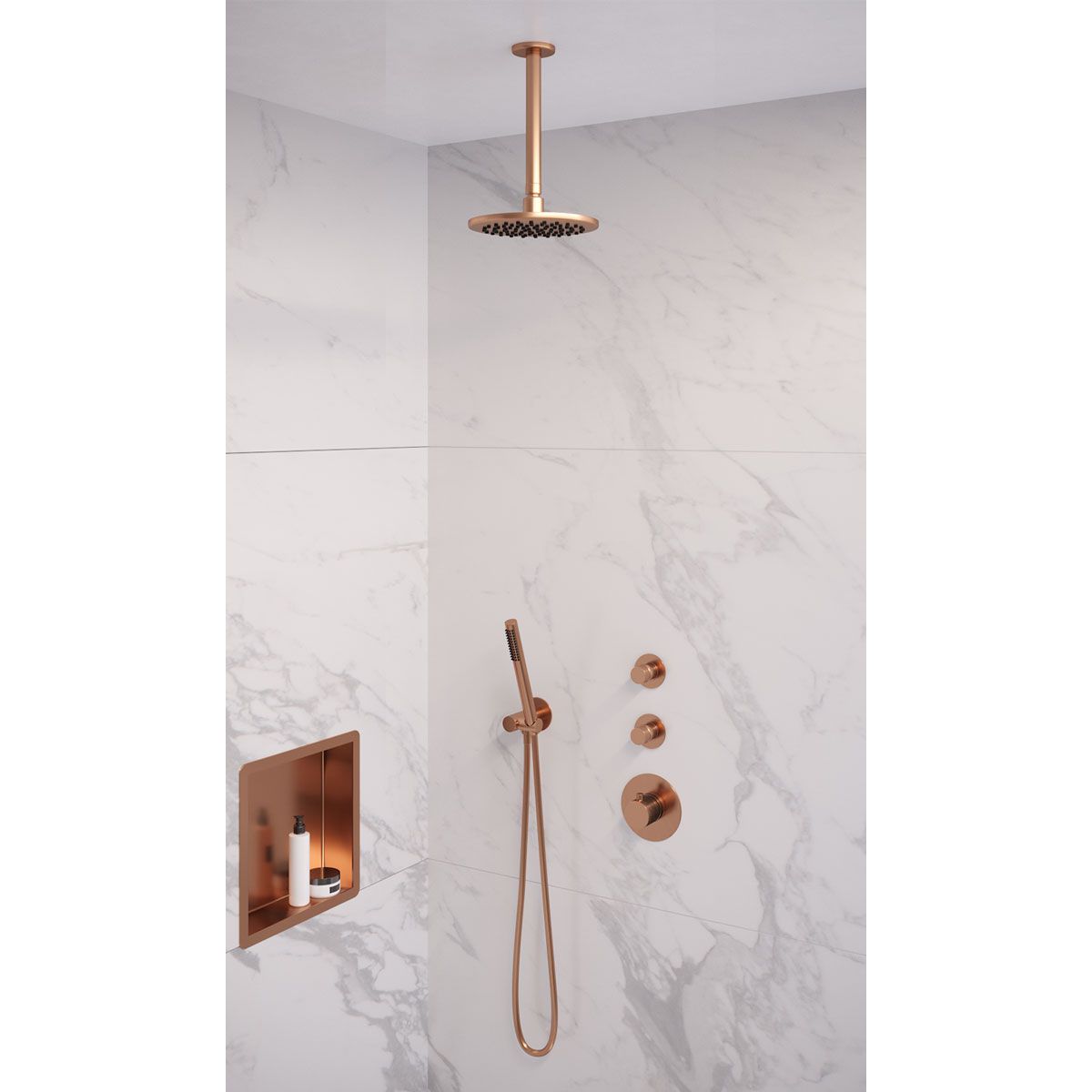 Brauer Thermostatische Inbouwdoucheset Koper 20cm Hoofddouche Plafondarm Staafhanddouche
