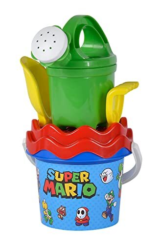 simba 109234593 Super Mario babyemmerset, zandspeelgoed, 5-delig, emmer, zeef, schep, hark, gieter, 11 cm, D: 14 cm, vanaf 10 maanden