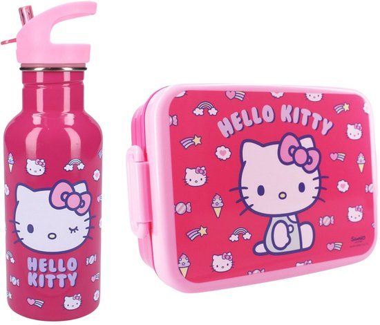 4KidsOnly Hello Kitty Lunchset - Broodtrommel en Drinkfles - Roze