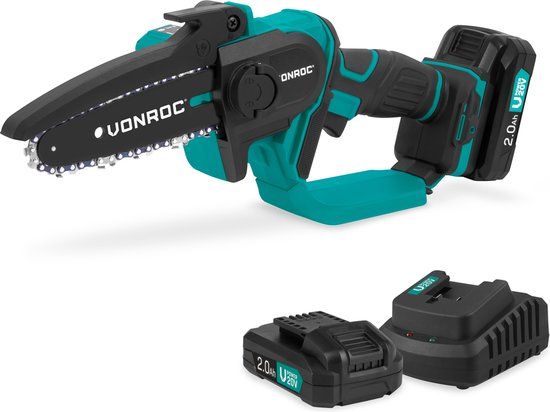 VONROC Mini Kettingzaag 20V – 152mm - Incl. 2x 2.0Ah accu’s en snellader