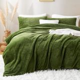 Lanqinglv Pluche beddengoed, 135 x 200 cm, groen-wit, kunstbont, wollig, winterbeddengoed, warm, behaaglijk, flanel, fleece, effen, dekbedovertrek met ritssluiting en 1 kussensloop 80 x 80 cm
