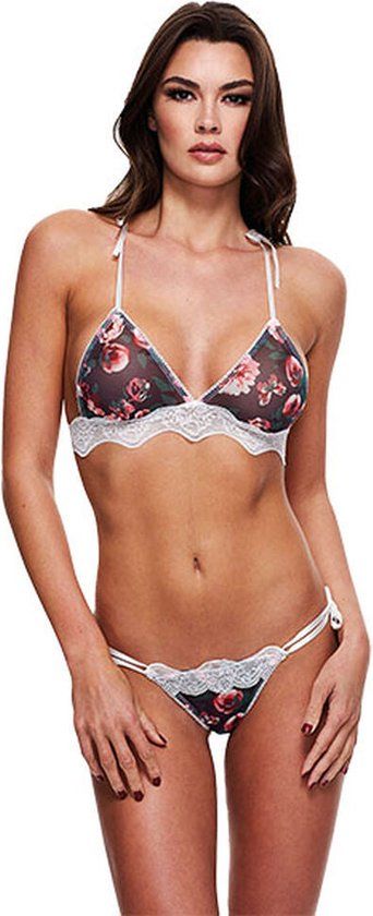 Baci Grey Floral & Lace Bra Set with Side Tie Panty - XXXL - White/Various