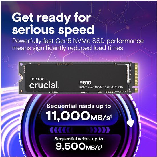Crucial P510 | 1TB NVMe SSD | M.2 | Gen5 | 11.700MB/s Lezen | 9.500MB/s Schrijven