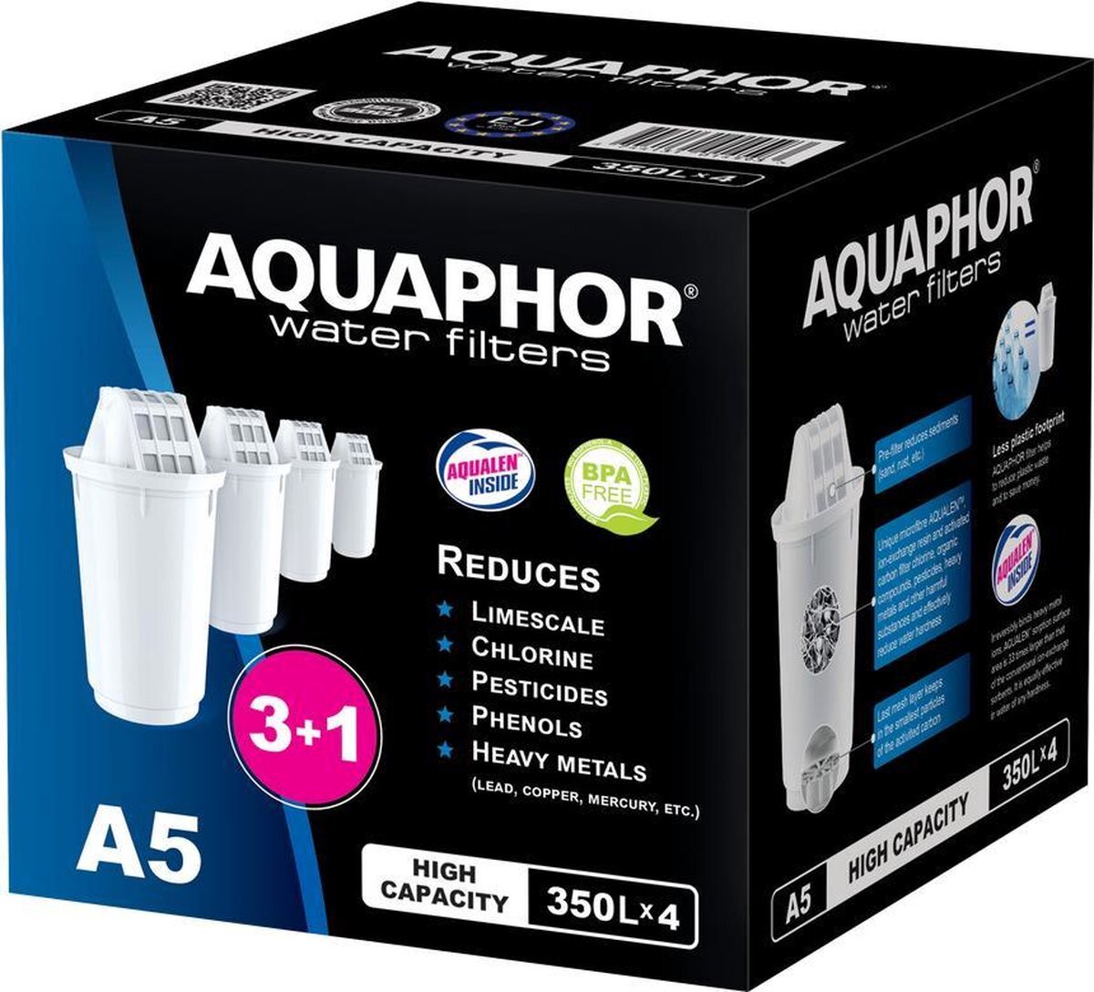 Aquaphor Filtercartridge A5 Pack 3+1 - met AQUALEN technologie, tegen kalk, chloor en andere stoffen in prestatiewater, compatibel met modellen Provence, Prestige, Smile