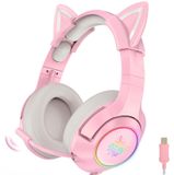 Casque de jeu - Filaire - Rose - Avec oreilles de chat amovibles - Pour le jeu et la communication en ligne