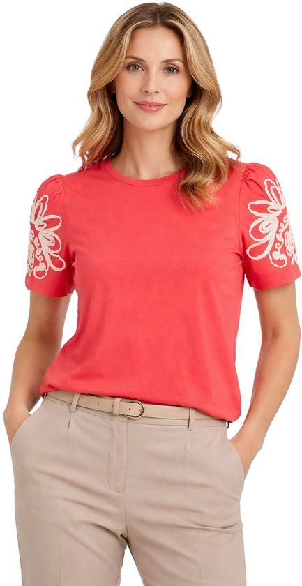 OBJECT Bestseller A/S OBJCAROLINE JOANA SS TOP E DIV T-shirt Dames L Katoen Poinsettia/Sandshell tape