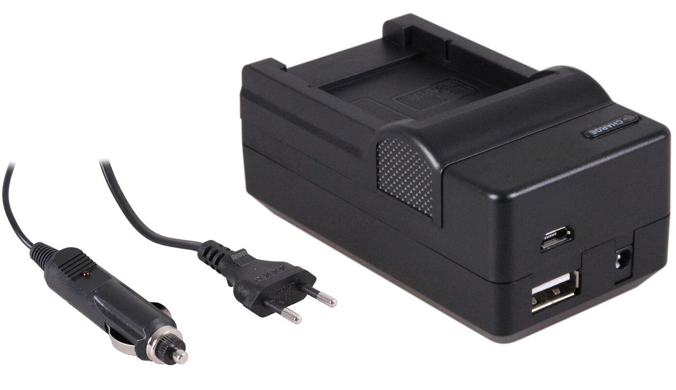 - (compatible) 4-in-1 acculader voor Sony NP-FT1 accu - compact en licht - laden via stopcontact, auto, USB en Powerbank