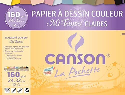 Canson 2789-ASS tas 12 vellen tekenpapier, 160 g, 24 x 32 cm, verschillende pastelkleuren