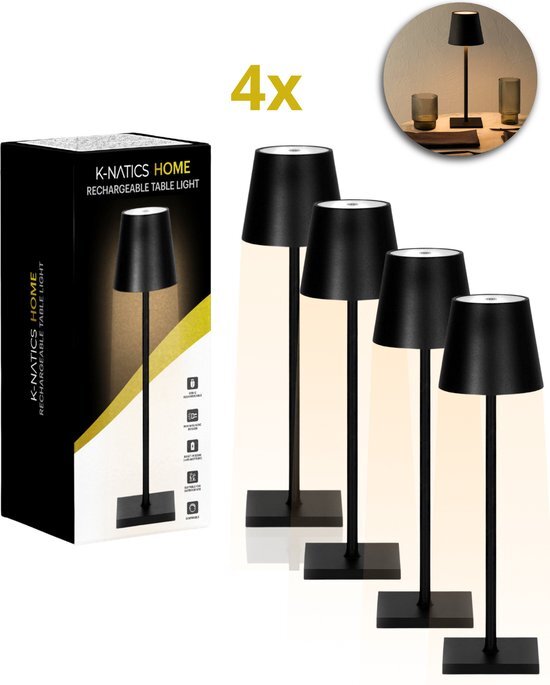 4x K-NATICS Oplaadbare Tafellamp - Smart LED Lighting - Dimbaar - Oplaadbare 5200mAh Batterij - Tafellamp Oplaadbaar - Tafellamp Slaapkamer - Leeslamp - Nachtlamp - Bureaulamp - Draadloze Batterij - Lamp voor Binnen en Buiten - 38 cm