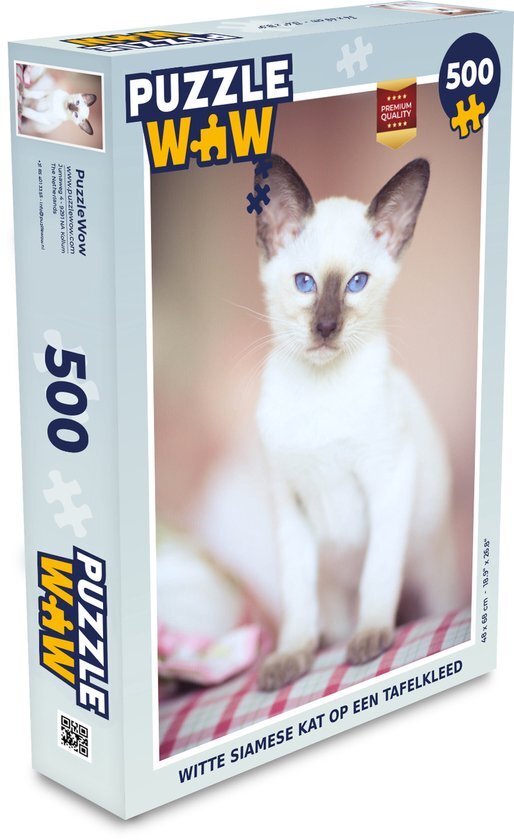 MuchoWow Puzzel Witte Siamese kat op een tafelkleed - Legpuzzel - Puzzel 500 stukjes - Sinterklaas cadeautjes - Sinterklaas voor grote kinderen