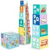 Blocs à empiler Montessori - 10 blocs - Chiffres, lettres et véhicules - Dès 12 mois