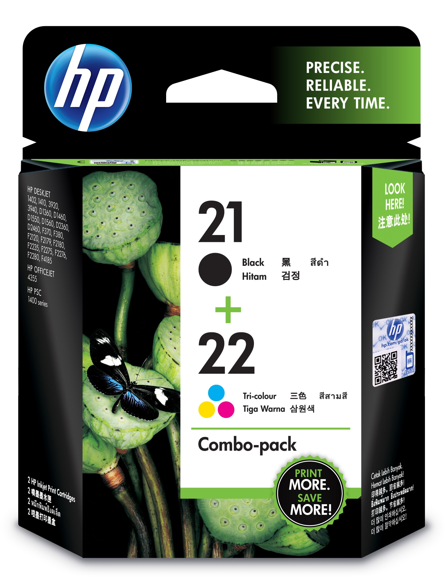 HP 21 originele zwarte/22 drie-kleuren inktcartridges, 2-pack