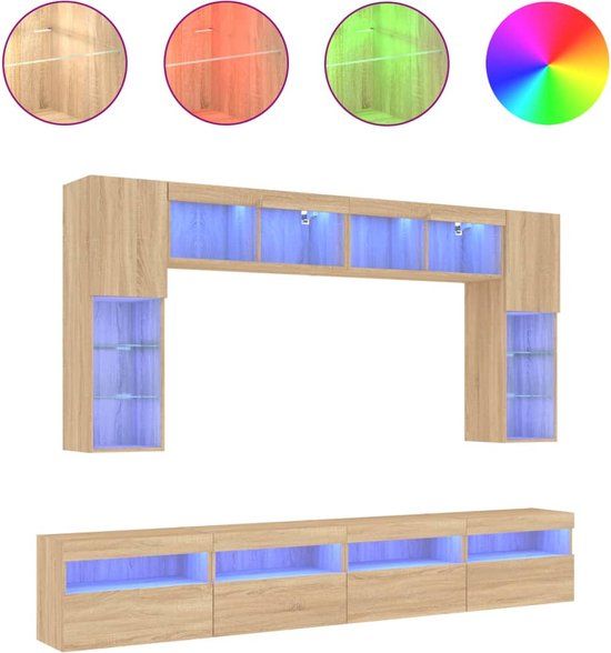 vidaXL 8-delige Tv-wandmeubelset met LED-verlichting sonoma eikenkleur