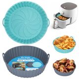 Alyvisun Air Fryer Silicone Pot, 2 Stuks Airfryer Pan Liners Herbruikbare Heteluchtfriteuse Mand Rond Tray Rack Accessoires Basket voor Air Fryers, Magnetron, Oven (Grijs + Blauw)