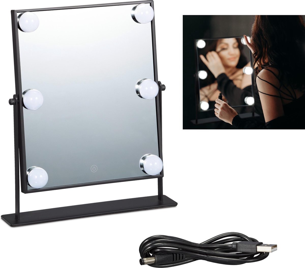 Relaxdays make up spiegel met licht - led Hollywood spiegel - opmaakspiegel - dimbaar zwart
