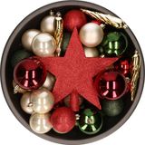 Bellatio Decorations kerstballen set - 34-dlg - rood/groen/champagne - incl. piek - kunststof