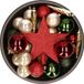 Bellatio Decorations kerstballen set - 34-dlg - rood/groen/champagne - incl. piek - kunststof